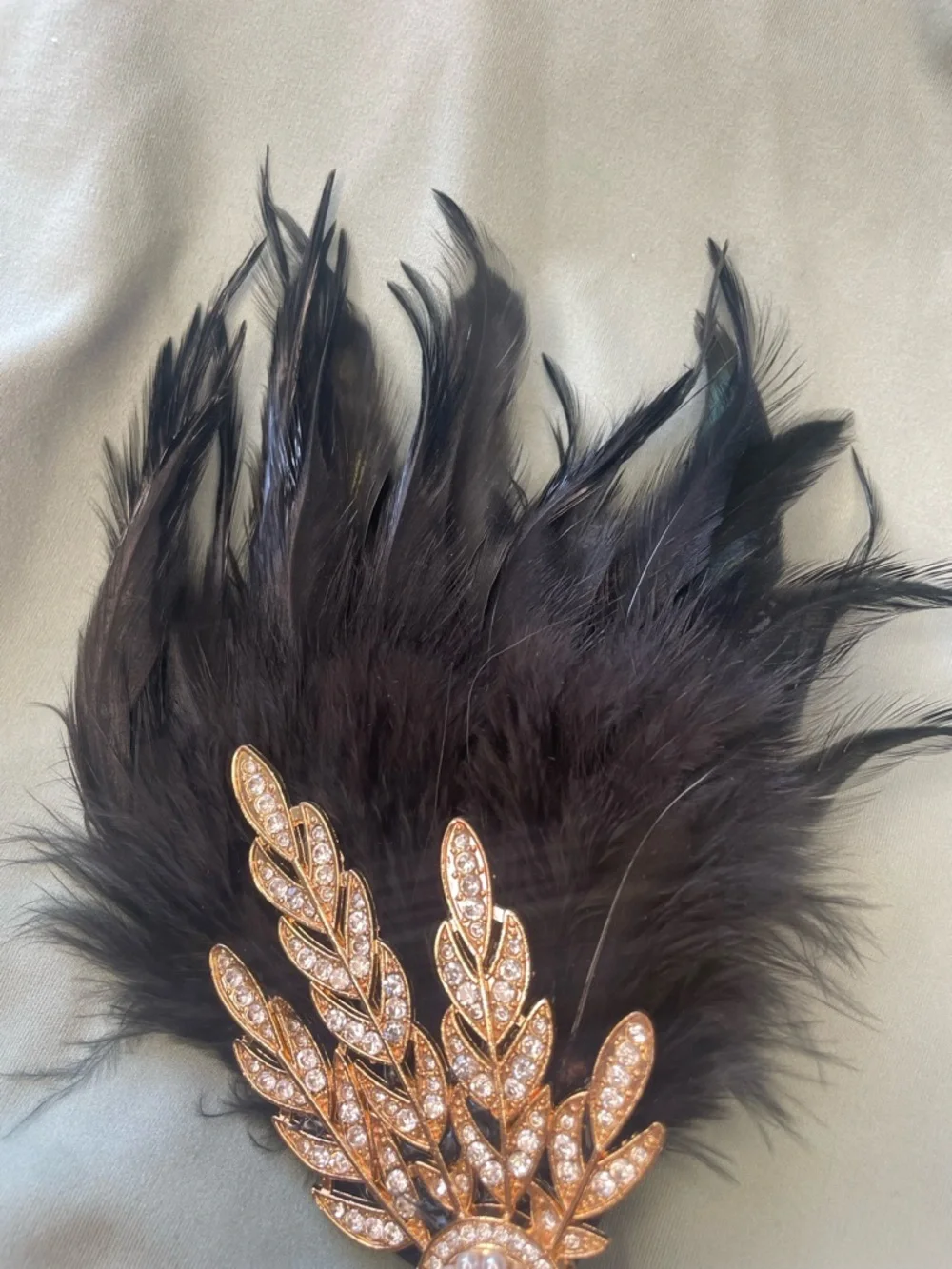 Gold-Tone Crystal & Pearl Feather Brooch with Black Feathers